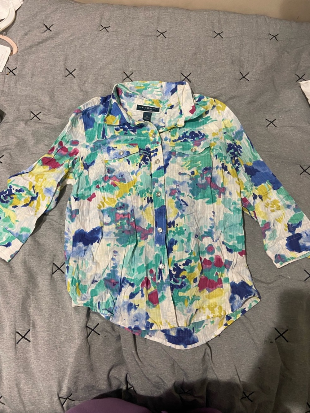 Karen Scott Multicolor Watercolor Button-Up Blouse